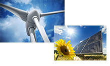 Wind turbine in front of a blue sky, Solar cells with sunflower in front of a blue sky