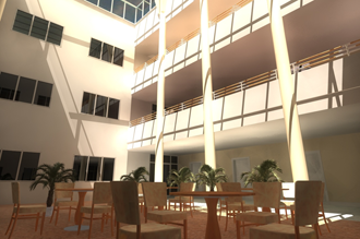 Interior courtyard of a multi-storey house with palm trees, chairs, tables and open-plan corridors.